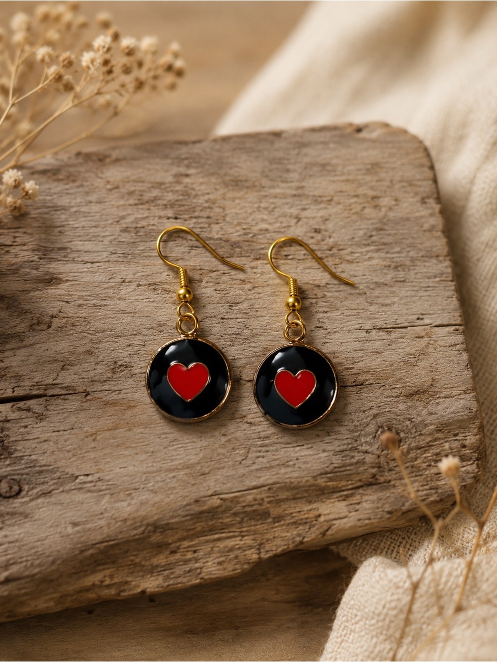 Heart Black & Red Enamel‎ Dangle Earrings